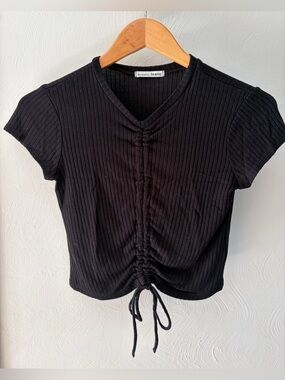 Reformation Black Ribbed Cinch Front Cropped Tee